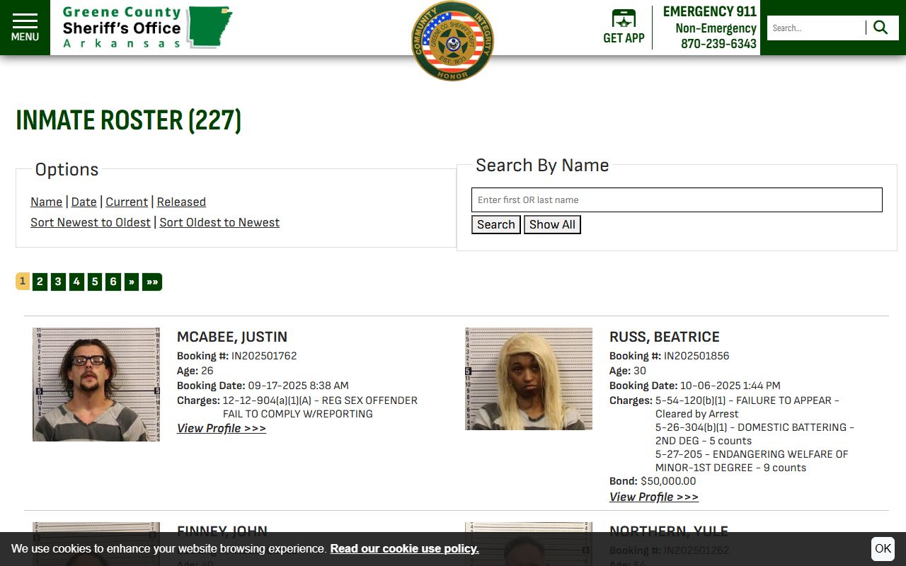 Greene County jail roster search page with inmate population results