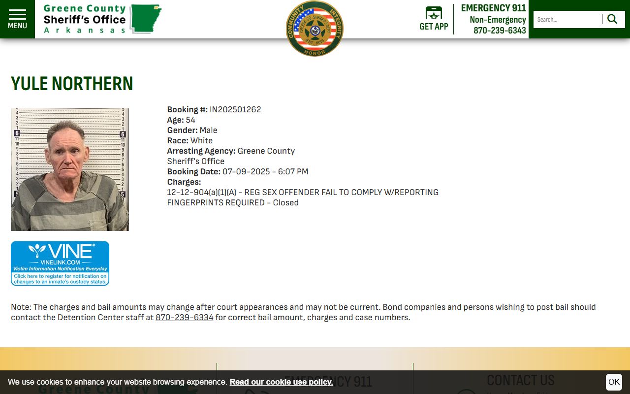 Greene County inmate profile with booking photo and charge fields